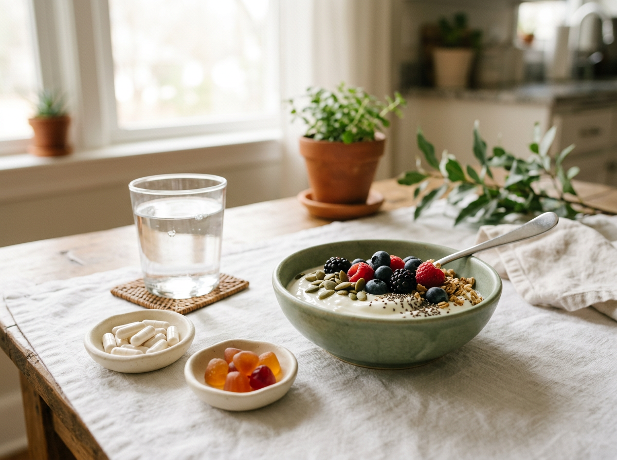 Desayuno con yogur, berries, cápsulas y gomitas