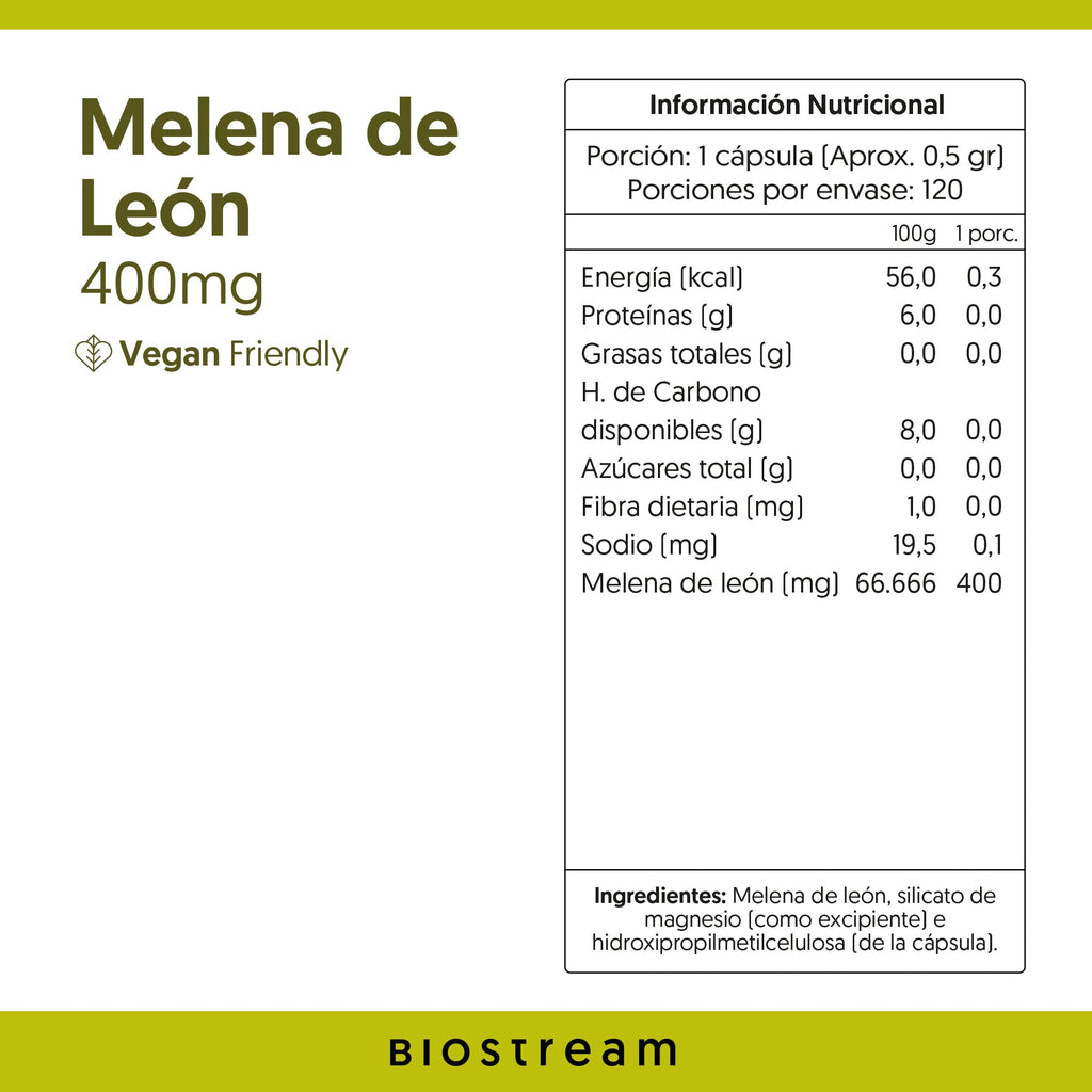 Hongo Melena de León 400mg 120 Cápsulas Vegano — detalle | Casa Ikigai