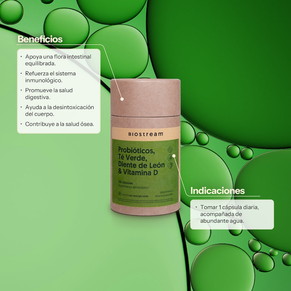 Probióticos, Té Verde, Diente de León & Vitamina E 120 Cápsulas — detalle | Casa Ikigai