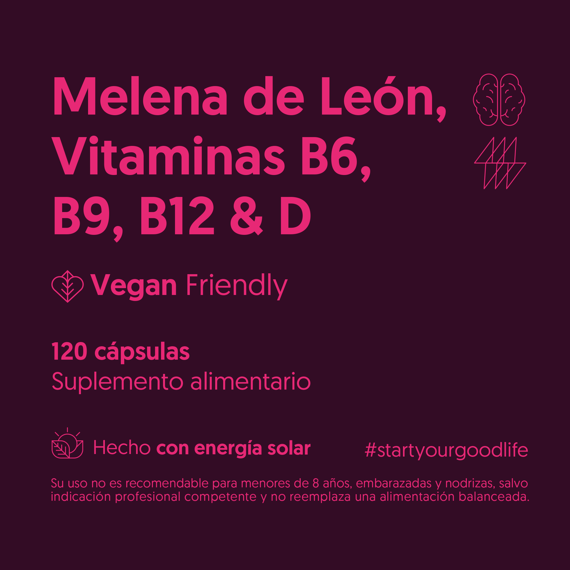 Melena de león, Vitaminas B6, B9, B12 & Vitamina D 120 cápsulas Vegano