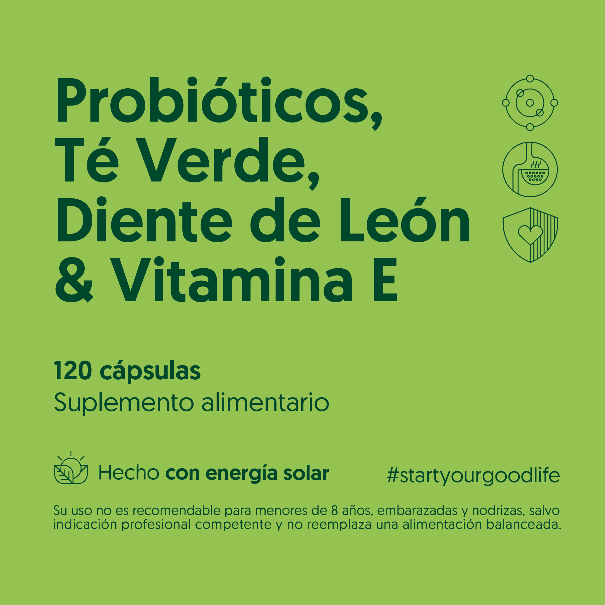 Probióticos, Té Verde, Diente de León & Vitamina E 120 Cápsulas — detalle | Casa Ikigai