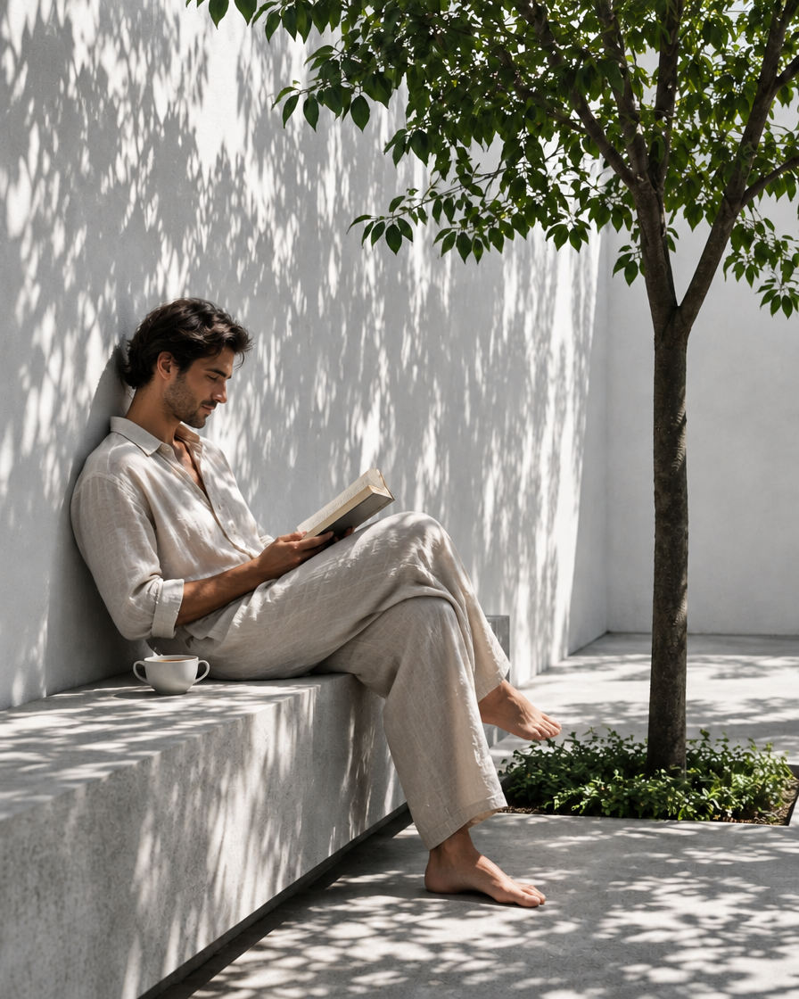 Hombre leyendo en una banca de hormigón bajo un árbol