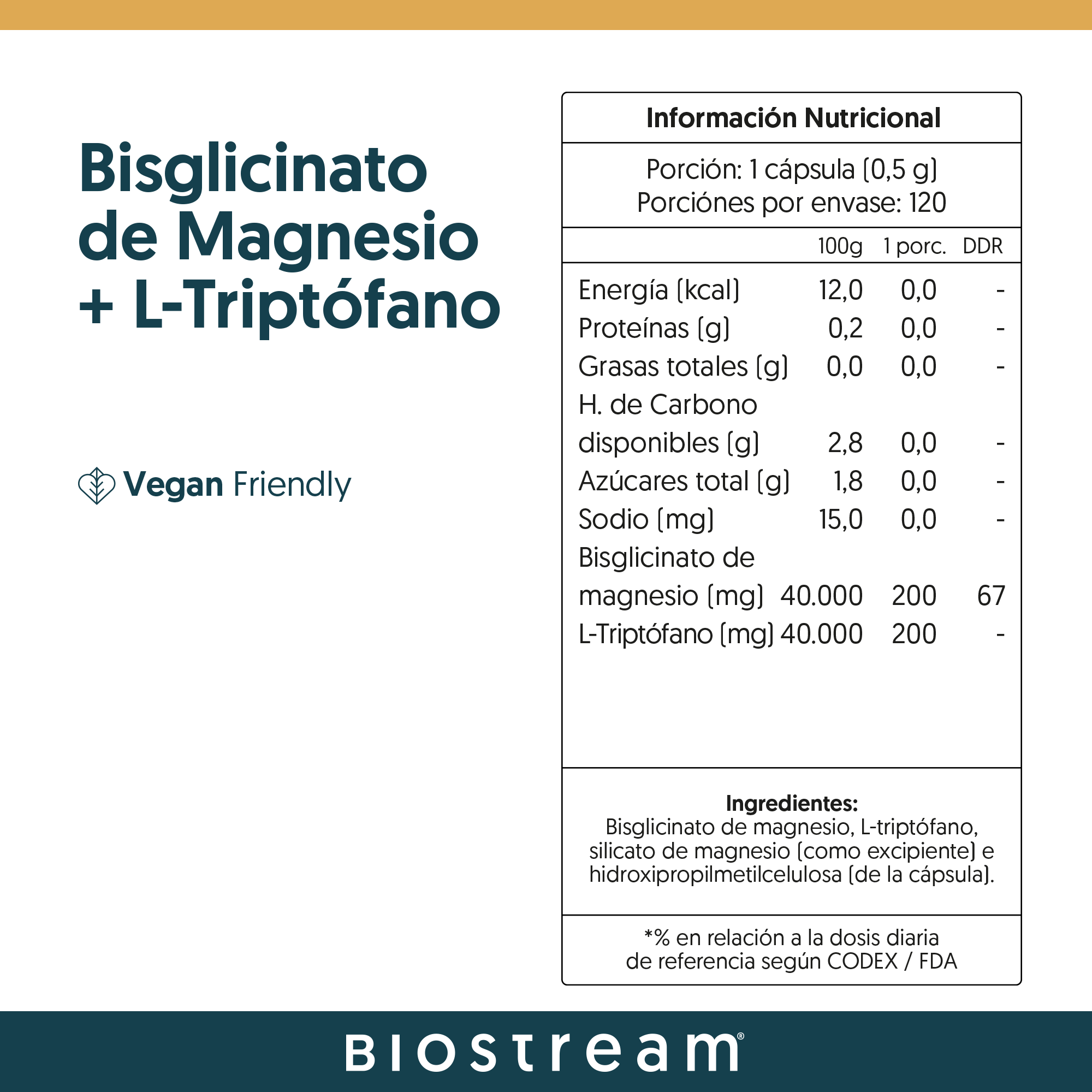 Bisglicinato de Magnesio + L-triptófano 120 Cápsulas Vegano