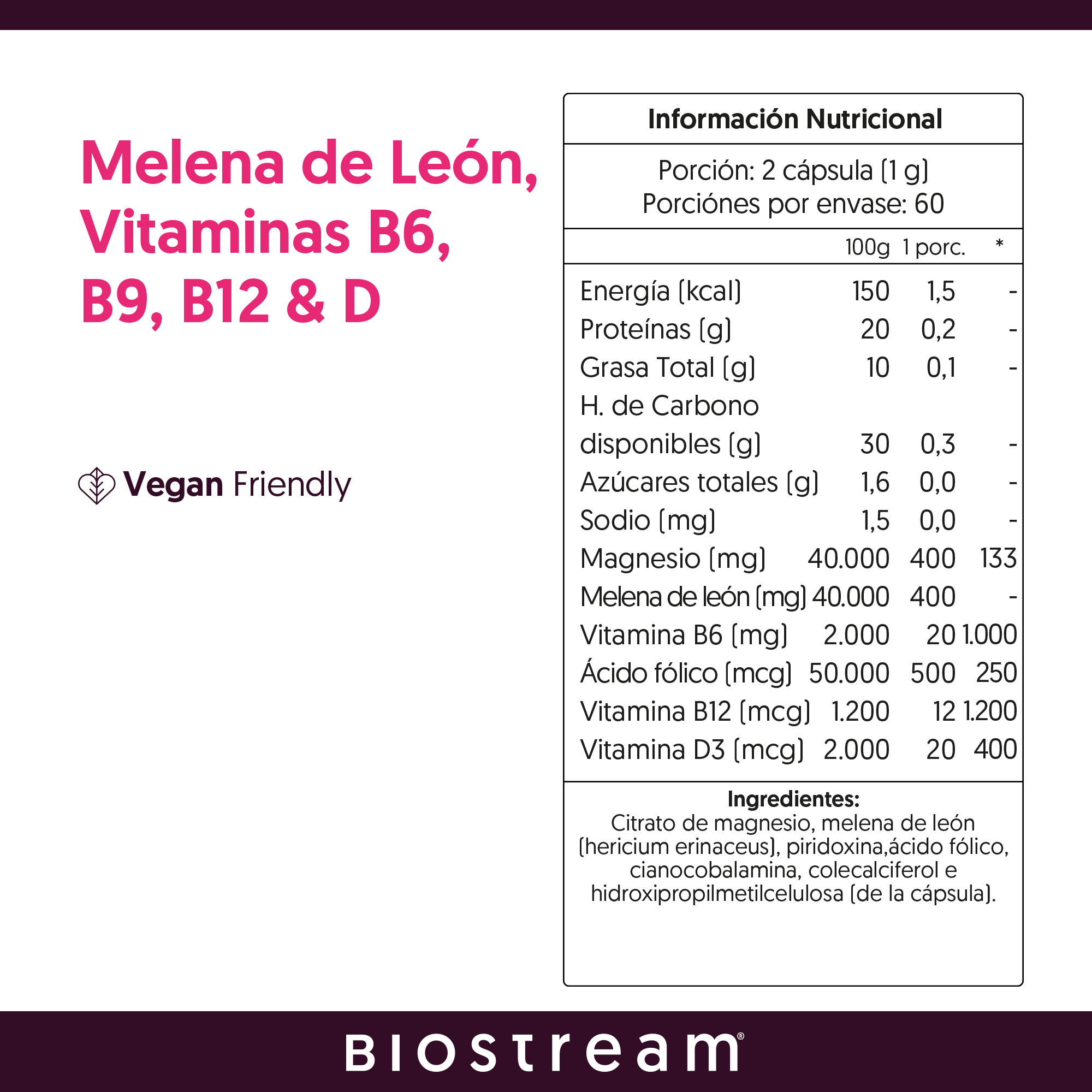 Melena de león, Vitaminas B6, B9, B12 & Vitamina D 120 cápsulas Vegano