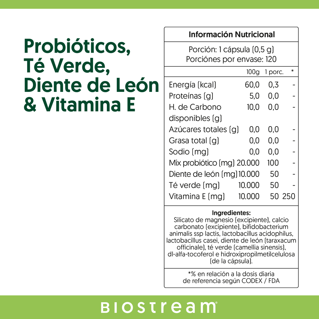 Probióticos, Té Verde, Diente de León & Vitamina E 120 Cápsulas — detalle | Casa Ikigai