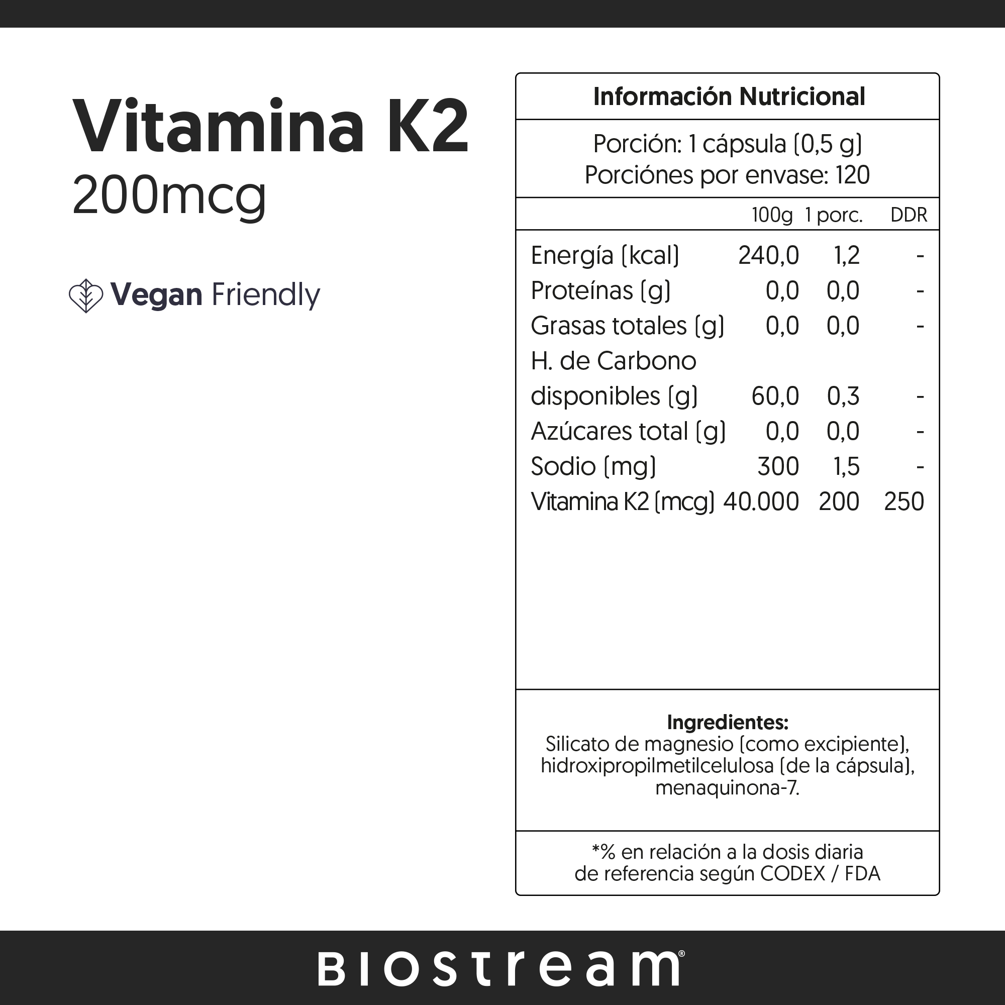 Vitamina K2 200mcg 120 Cápsulas Vegano — detalle | Casa Ikigai