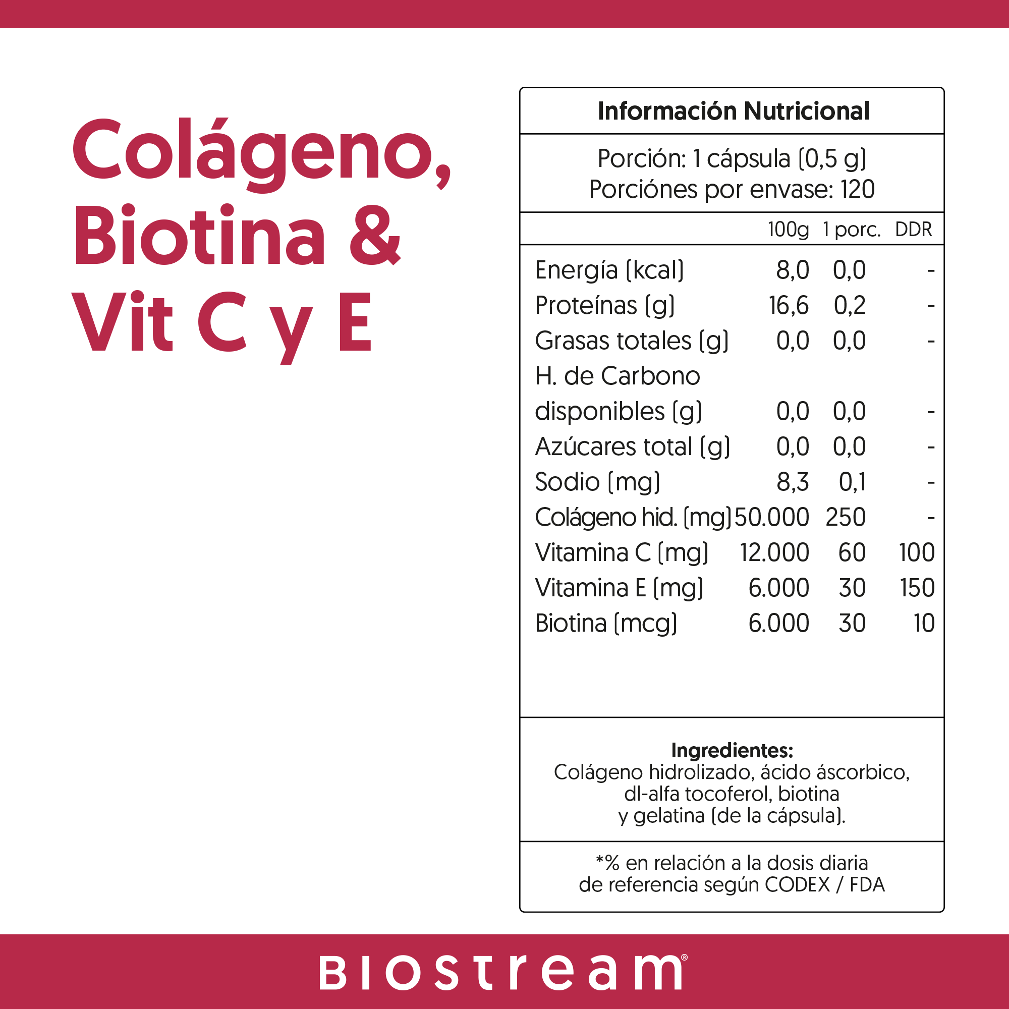 Colágeno Hidrolizado, Biotina& Vitamina C y E 120 Cápsulas