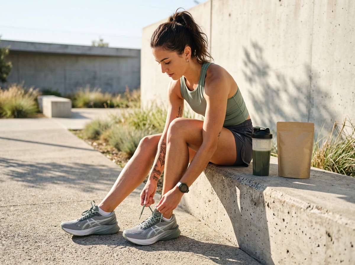 Persona amarrando zapatillas antes de entrenar con batido de proteína